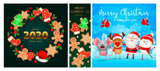 Merry Christmas green, blue banner set with gingerbread wreath