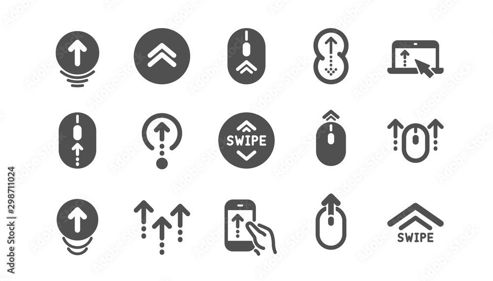 Poster swipe up icons. scrolling mouse, landing page swipe signs. scroll up mobile device technology icons.