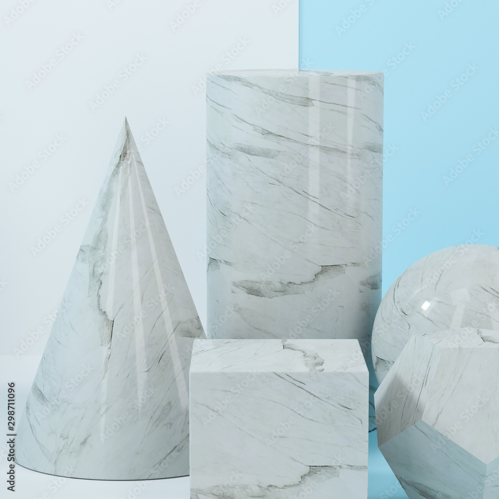 Poster still life presentation of geometric objects, 3d rendering.