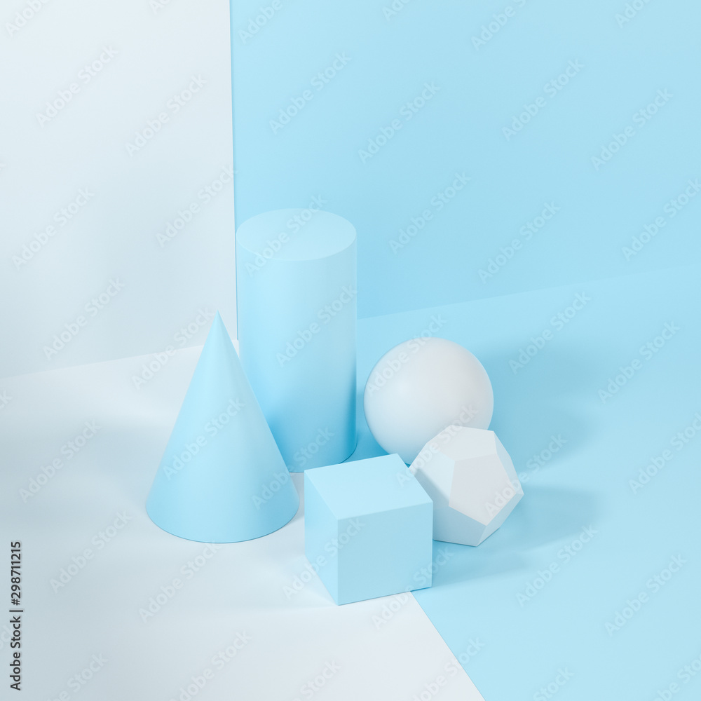 Poster still life presentation of geometric objects, 3d rendering.