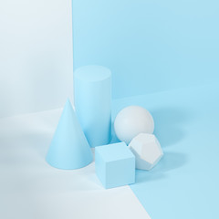 Still life presentation of geometric objects, 3d rendering.