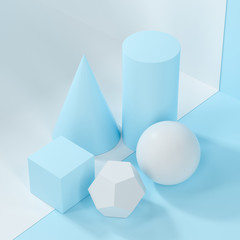 Still life presentation of geometric objects, 3d rendering.