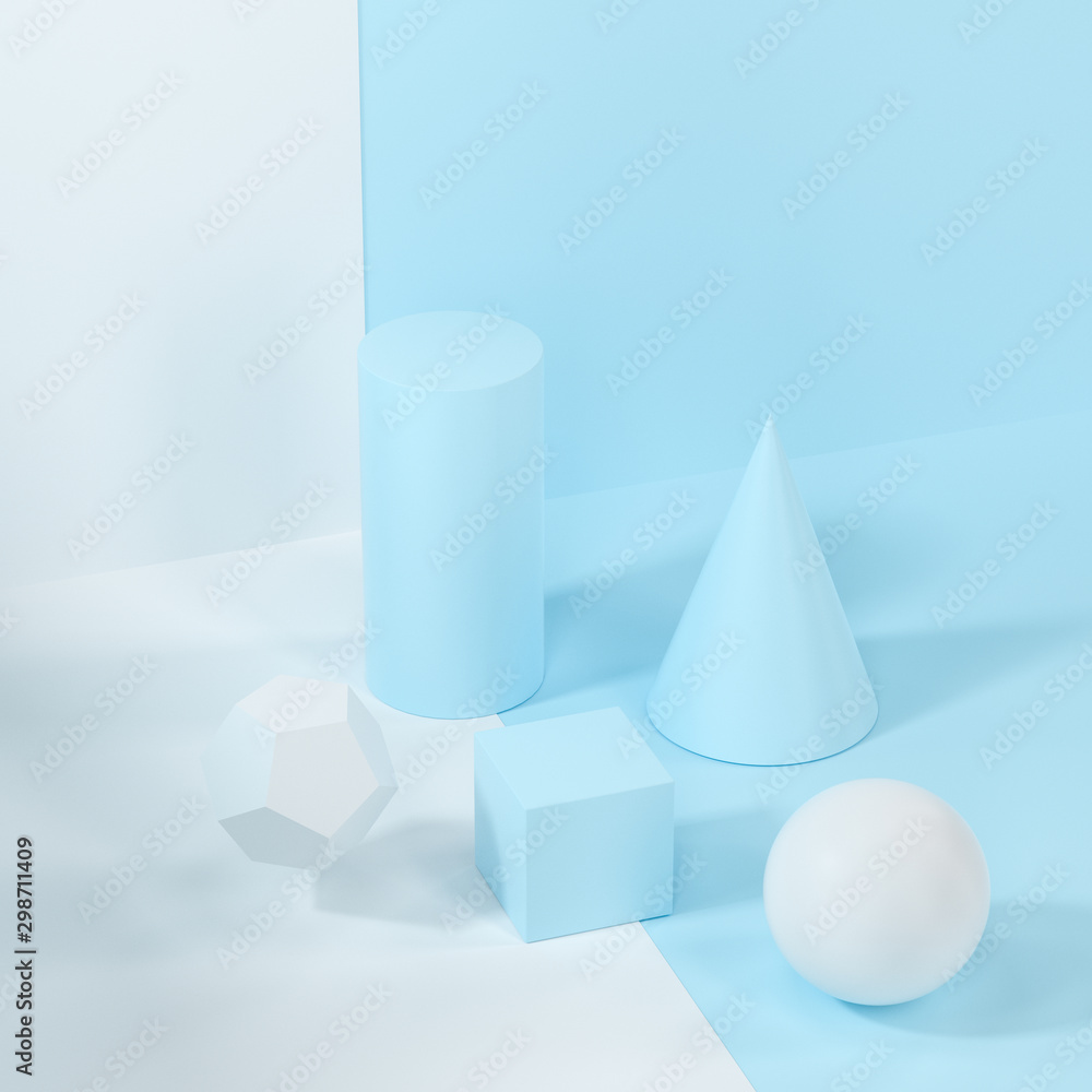 Poster still life presentation of geometric objects, 3d rendering.