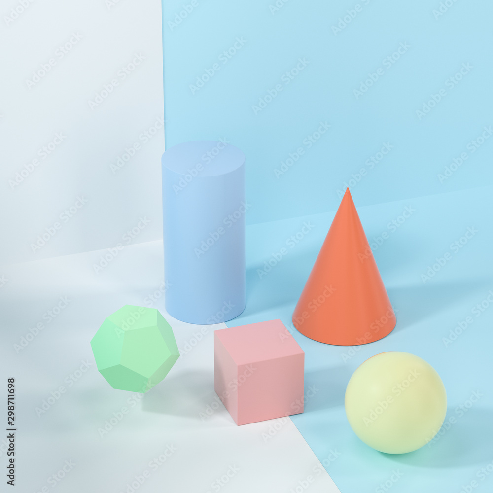 Poster still life presentation of geometric objects, 3d rendering.