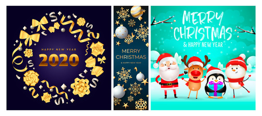 Merry Christmas blue, cyan banner set with wreath, animals