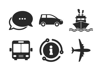 Car, Airplane, Public bus and Ship signs. Chat, info sign. Transport icons. Shipping delivery symbol. Air mail delivery sign. Classic style speech bubble icon. Vector