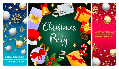Christmas party blue, green, pink banner set with gifts