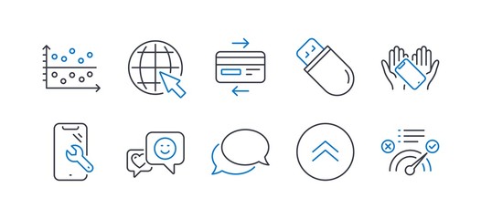 Set of Technology icons, such as Dot plot, Usb stick, Smile, Internet, Credit card, Smartphone repair, Messenger, Swipe up, Smartphone holding, Correct answer line icons. Line dot plot icon. Vector