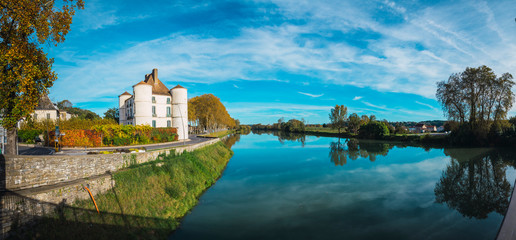 Peyrehorade, Landes / France »; October 25, 2019: Panoramic river and town hall in the...