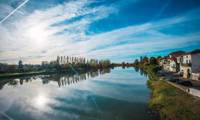 Peyrehorade, Landes / France »; October 25, 2019: the river full of lots of water in the...