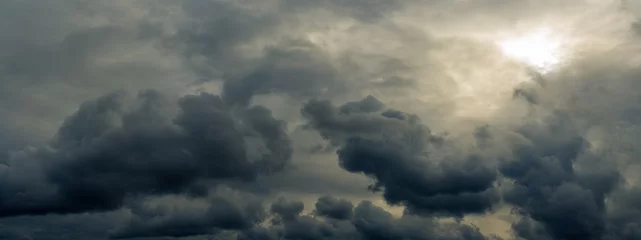 dramatic mystical sky with gray heavy clouds and faint back sunlight and lumen. artistic panoramic picture for the original background, layout or decoration © gluuker