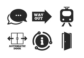 Automatic door symbol. Chat, info sign. Train railway icon. Way out arrow sign. Classic style speech bubble icon. Vector