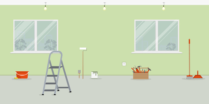 Room repair in the house. There are working tools, a stepladder, a bucket, a brush, a scoop and other things for repair in the picture. Vector illustration.