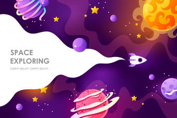 Horizontal space background with abstract shape and planets. Cartoon game backdrop. Web design. Space exploring. Vector illustration © sweet kiwi