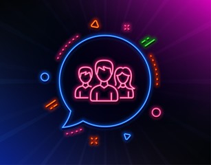 Group line icon. Neon laser lights. Users or Teamwork sign. Male and Female Person silhouette symbol. Glow laser speech bubble. Neon lights chat bubble. Banner badge with teamwork icon. Vector