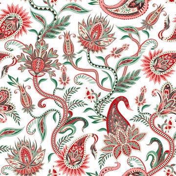 Seamless pattern with ethnic ornament elements and paisleys. Folk flowers and leaves for print or embroidery.