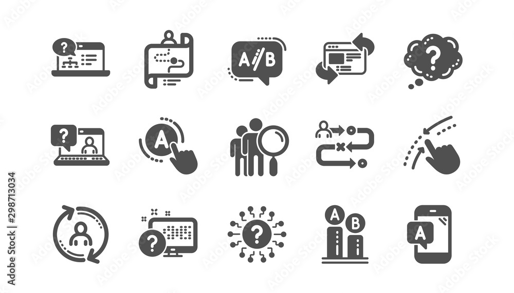Poster ux icons. ab testing, journey path map and question mark. quiz test classic icon set. quality set. v