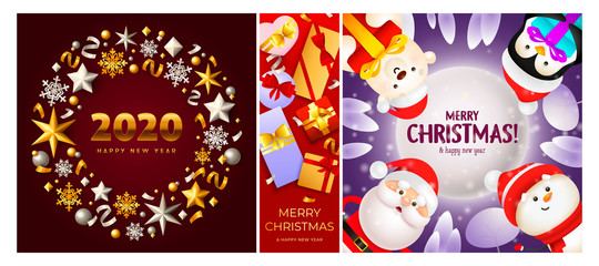 Fototapeta premium Merry Christmas red, violet banner set with wreath, animals