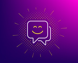 Smile face line icon. Halftone pattern. Happy emoticon chat sign. Speech bubble symbol. Gradient background. Smile face line icon. Yellow halftone pattern. Vector