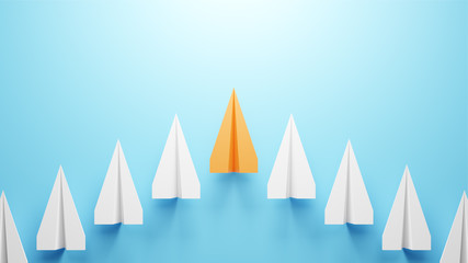 Illustration of leadership concept with orange paper plane leading among white on blue background	