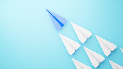 	 Illustration of leadership concept with blue paper-plane leading among white planes on blue background	