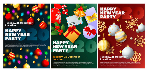 Happy New Year party blue, green, red banner set with letter