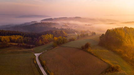 Polish Countryside at Autumnal Sunrise and Fog. Aerial Drone View