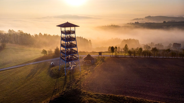 Look Out Tower in Brusnik,Ciezkowice. Polish Landscape at Foggy Sunrise