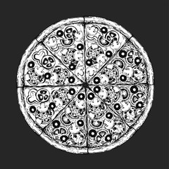 Vector drawing, pizza, table, organic food ingredients. Hand drawn pizza illustration. Great for menu, poster or label.