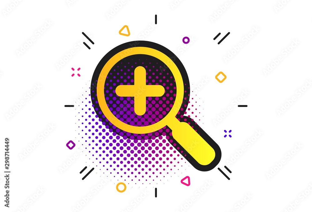Poster magnifier glass sign icon. halftone dots pattern. zoom tool button. navigation search symbol. classi