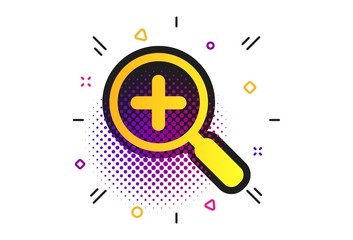 Magnifier glass sign icon. Halftone dots pattern. Zoom tool button. Navigation search symbol. Classic flat search icon. Vector