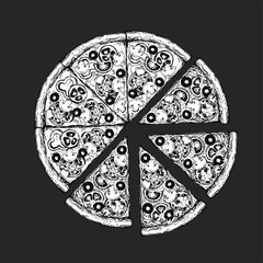 Vector drawing, pizza, table, organic food ingredients. Hand drawn pizza illustration. Great for menu, poster or label.