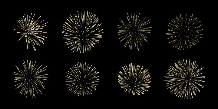 Vector set of eight fireworks isolated on black background.