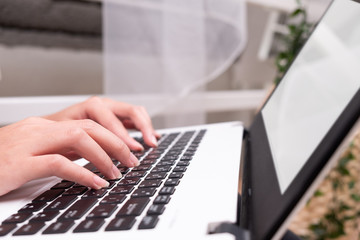 Woman using laptop computer white screen, business, work, technology