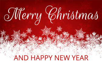 Merry Christmas and Happy New Year. Christmas greeting card with snowflakes border on red background