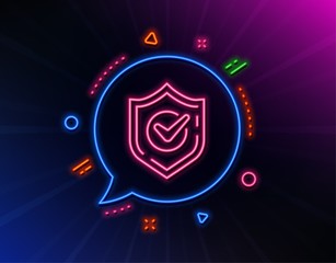 Fototapeta na wymiar Check mark line icon. Neon laser lights. Accepted or Approve sign. Tick shield symbol. Glow laser speech bubble. Neon lights chat bubble. Banner badge with confirmed icon. Vector