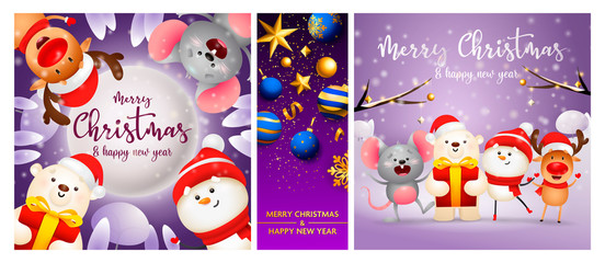 Fototapeta premium Merry Christmas violet banner set with animals