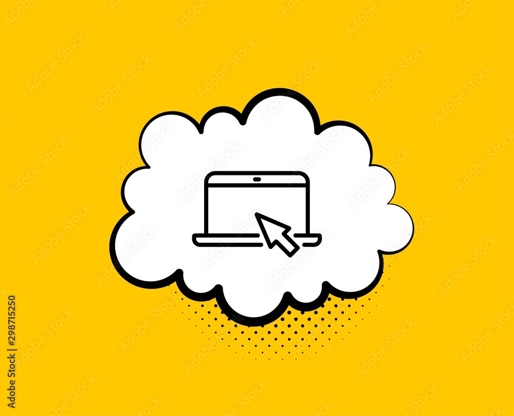Poster laptop computer icon. comic speech bubble. notebook with mouse cursor sign. portable personal comput