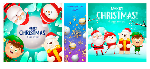 Fototapeta premium Merry Christmas cyan, blue banner set with Santa