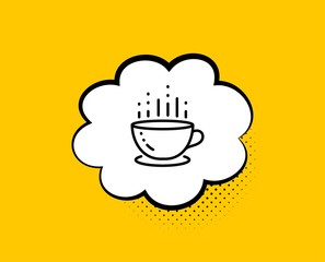 Coffee cup line icon. Comic speech bubble. Hot tea drink sign. Hotel service symbol. Yellow background with chat bubble. Coffee cup icon. Colorful banner. Vector