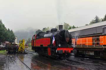 Fototapeta na wymiar Vieille locomotive à vapeur sous pluie et brouillard à Saint-Jean-du-Gard (30270), département du Gard en région Occitanie, France