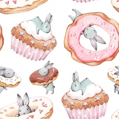 Deurstickers Aquarel prints Hand getekende achtergrond. Aquarel naadloze patroon met zoete konijnen, verjaardagstaart, cupcake en donut. Schattig konijn. Viering en verjaardag concept. Kinderfeestje.