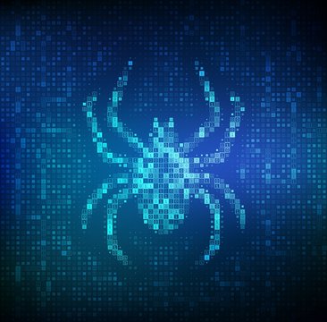 Virus hazard sign. Virus detected. Computer bug made with binary code. Hacked. Digital binary data and streaming digital code background. Concept of cyber crime, internet piracy and hacking. Vector.