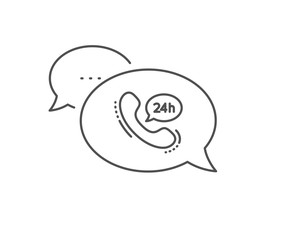 24 hour service line icon. Chat bubble design. Call support sign. Feedback chat symbol. Outline concept. Thin line 24h service icon. Vector
