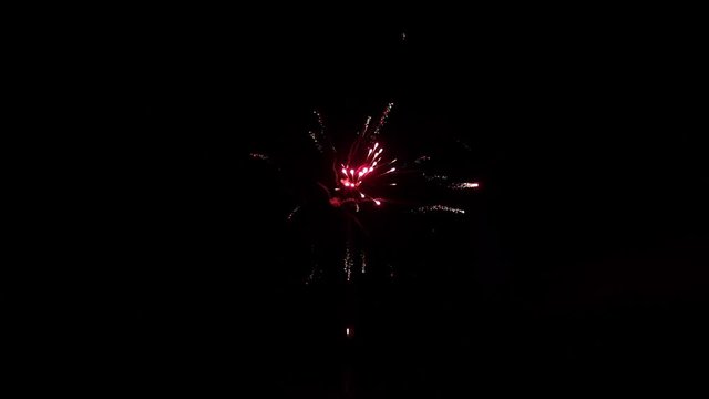 Explosion of bright colorful part of fireworks on black background to create a set salute on video for holiday new year, birthday, wedding or other celebration.