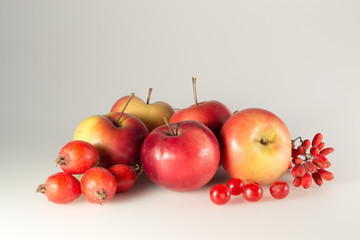 ripe beautiful apples and fruits lie on a gray background, in the snow, with a Christmas ball, with a candle, notebook, berries, snowman, garland, iris, rose hips