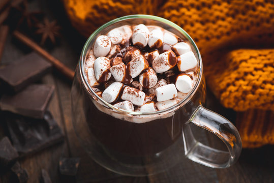 Mug of hot chocolate with marshmallows and chocolate syrup. Closeup view. Double bottom glass mug with hot chocolate beverage