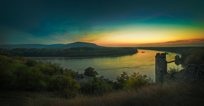 View of Morava river from castle Devin in sunset near Bratislava, Slovakia.