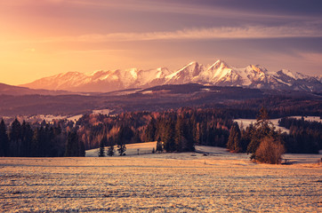 Beautiful spring panorama over Spisz highland to snowy Tatra mountains in the morning, Poland - obrazy, fototapety, plakaty