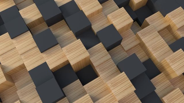 Black and wood texture cubes moving up and down. Close up of shapes 3D render animation. Abstract background with natural wooden geometric texture. 4k seamless loop.